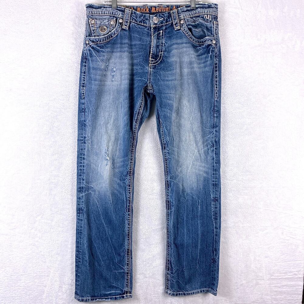 VTG Rock Revival Jeans Men 36 Andre Faded Whiskered Distressed Going Out Y2K